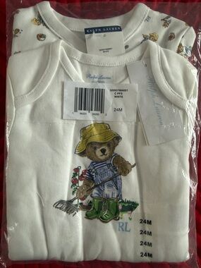 Ralph Lauren White Bear Graphic Bodysuit with Green & Yellow Accents